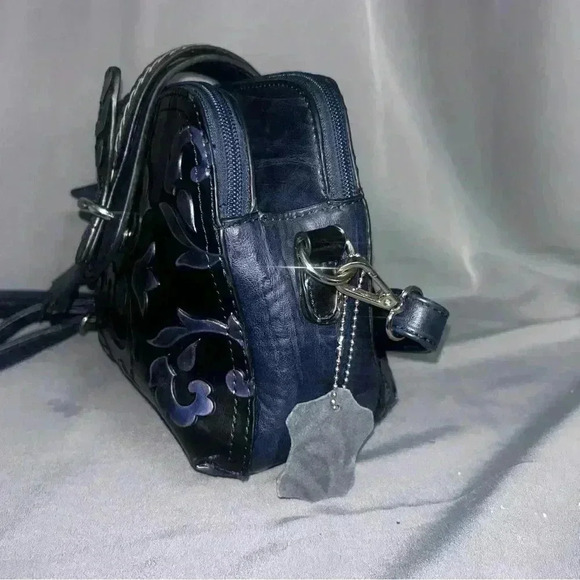 Madi Claire Abigale Tooled Leather Crossbody Handbag Black Ink Purple Embossed - Picture 3 of 7